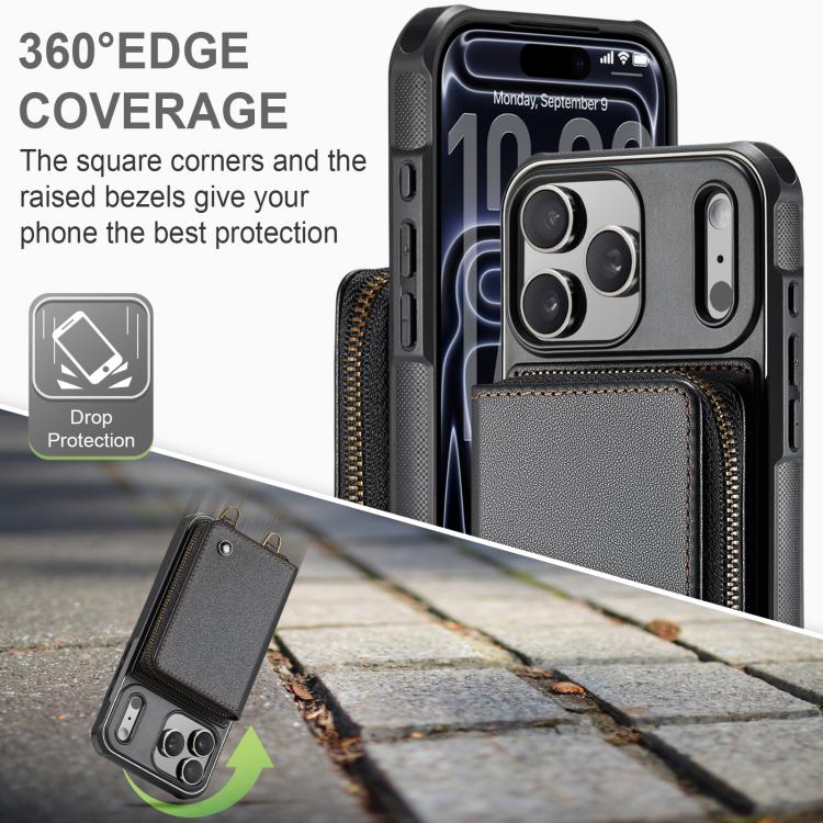 Étui portefeuille en cuir avec fermeture éclair série C22 JEEHOOD avec double lanière, Pour iPhone 17 Pro Max, Pour iPhone 17 Pro, Pour iPhone Air, Pour iPhone 16 Pro Max, Pour iPhone 16 Pro, Pour iPhone 16 Plus, Pour iPhone 16, Pour iPhone 15 Pro Max