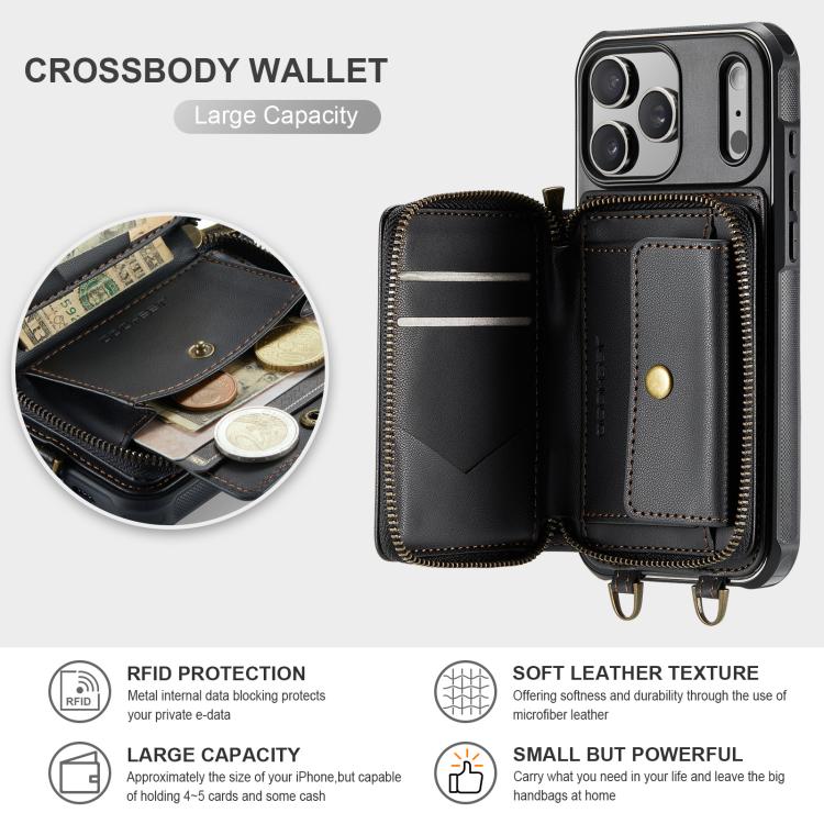 Étui portefeuille en cuir avec fermeture éclair série C22 JEEHOOD avec double lanière, Pour iPhone 17 Pro Max, Pour iPhone 17 Pro, Pour iPhone Air, Pour iPhone 16 Pro Max, Pour iPhone 16 Pro, Pour iPhone 16 Plus, Pour iPhone 16, Pour iPhone 15 Pro Max