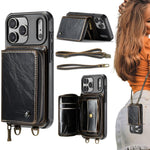Étui portefeuille en cuir avec fermeture éclair série C22 JEEHOOD avec double lanière, Pour iPhone 17 Pro Max, Pour iPhone 17 Pro, Pour iPhone Air, Pour iPhone 16 Pro Max, Pour iPhone 16 Pro, Pour iPhone 16 Plus, Pour iPhone 16, Pour iPhone 15 Pro Max