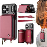 Étui portefeuille en cuir avec fermeture éclair série C22 JEEHOOD avec double lanière, Pour iPhone 17 Pro Max, Pour iPhone 17 Pro, Pour iPhone Air, Pour iPhone 16 Pro Max, Pour iPhone 16 Pro, Pour iPhone 16 Plus, Pour iPhone 16, Pour iPhone 15 Pro Max