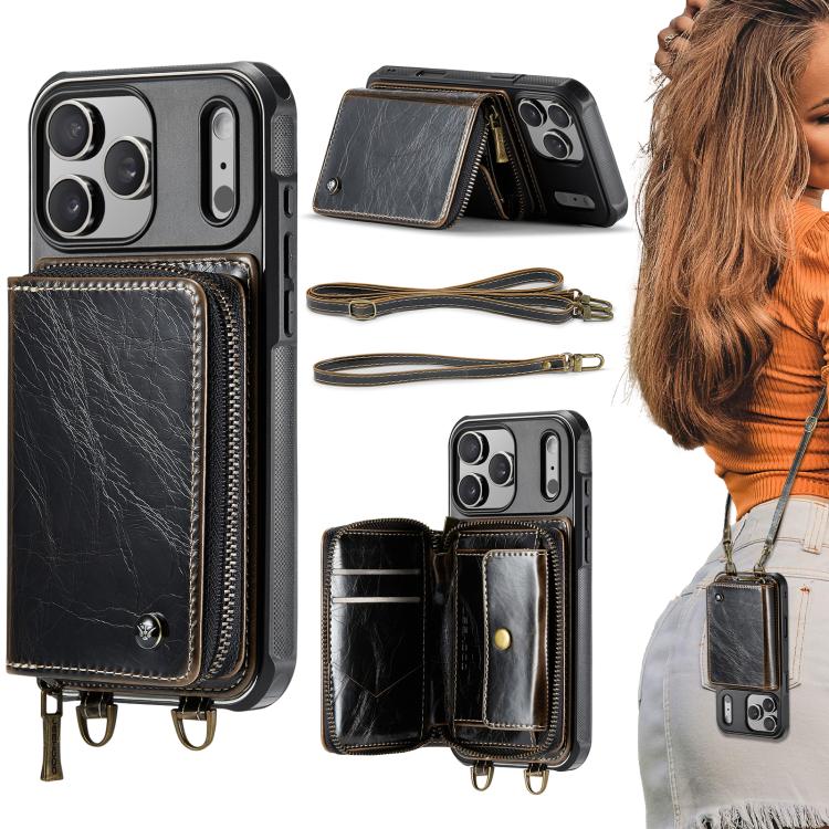 Étui portefeuille en cuir avec fermeture éclair série C22 JEEHOOD avec double lanière, Pour iPhone 17 Pro Max, Pour iPhone 17 Pro, Pour iPhone Air, Pour iPhone 16 Pro Max, Pour iPhone 16 Pro, Pour iPhone 16 Plus, Pour iPhone 16, Pour iPhone 15 Pro Max