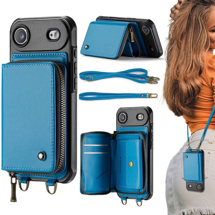 Étui portefeuille en cuir avec fermeture éclair série C22 JEEHOOD avec double lanière, Pour iPhone 17 Pro Max, Pour iPhone 17 Pro, Pour iPhone Air, Pour iPhone 16 Pro Max, Pour iPhone 16 Pro, Pour iPhone 16 Plus, Pour iPhone 16, Pour iPhone 15 Pro Max