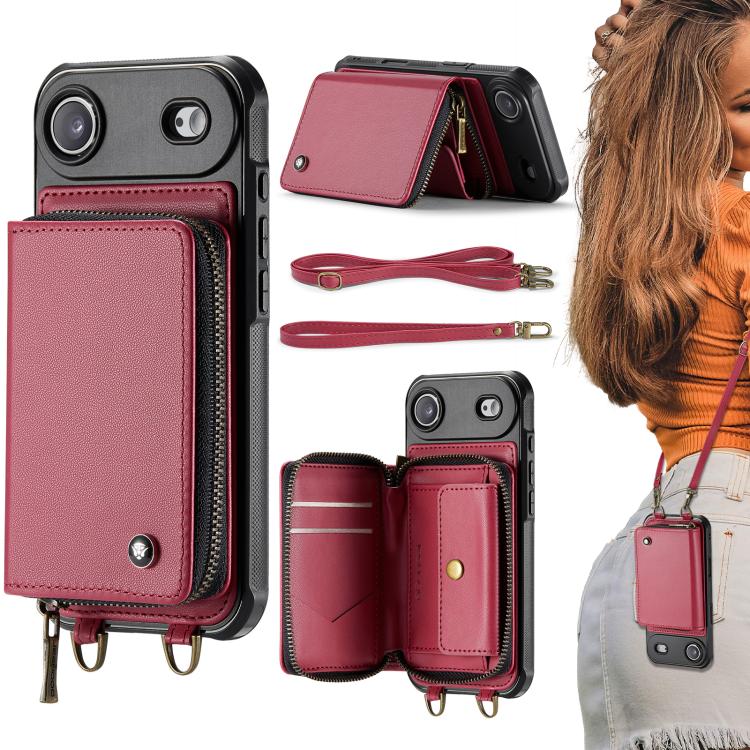Étui portefeuille en cuir avec fermeture éclair série C22 JEEHOOD avec double lanière, Pour iPhone 17 Pro Max, Pour iPhone 17 Pro, Pour iPhone Air, Pour iPhone 16 Pro Max, Pour iPhone 16 Pro, Pour iPhone 16 Plus, Pour iPhone 16, Pour iPhone 15 Pro Max