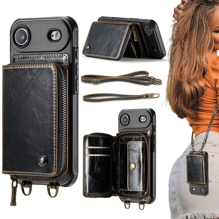 Étui portefeuille en cuir avec fermeture éclair série C22 JEEHOOD avec double lanière, Pour iPhone 17 Pro Max, Pour iPhone 17 Pro, Pour iPhone Air, Pour iPhone 16 Pro Max, Pour iPhone 16 Pro, Pour iPhone 16 Plus, Pour iPhone 16, Pour iPhone 15 Pro Max
