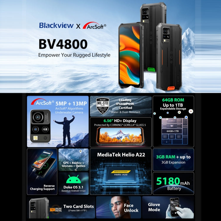 Blackview BV4800, IP68/IP69K/MIL-STD-810H, 6,56 pouces Android 13 MediaTek MT6761V/WB Helio A22 Quad Core, Réseau : 4G, OTG, BV4800 3GB+64GB