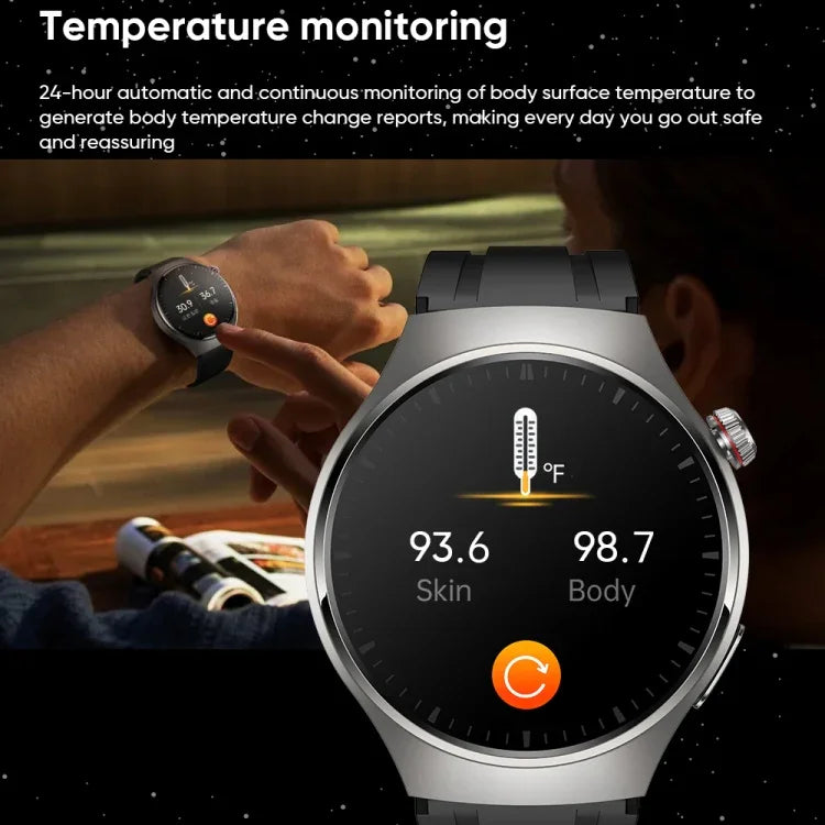 Montre connectée MT200 avec écran AMOLED de 1,43 pouce, étanche IP67, compatible avec les appels, la surveillance de l'ECG, de la température corporelle et de la glycémie.