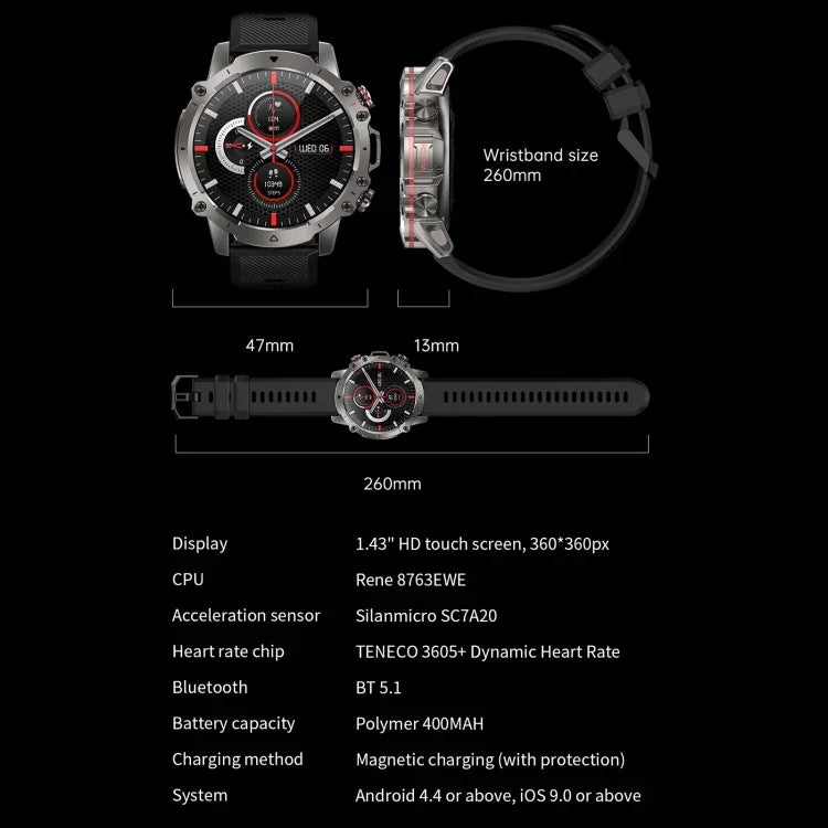 Montre Intelligente AK56 IP67 BT5.1 1.43 pouces, Prend en Charge les Appels Vocaux / la Surveillance de la Santé, Bracelet en Acier Perlé, Bracelet en Maille d'Acier