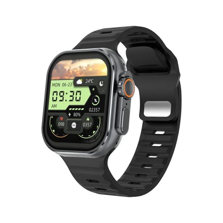 Montre connectée iW9 Ultra avec écran de 2,04 pouces, appels Bluetooth, fréquence cardiaque, pression artérielle et oxygénation sanguine.