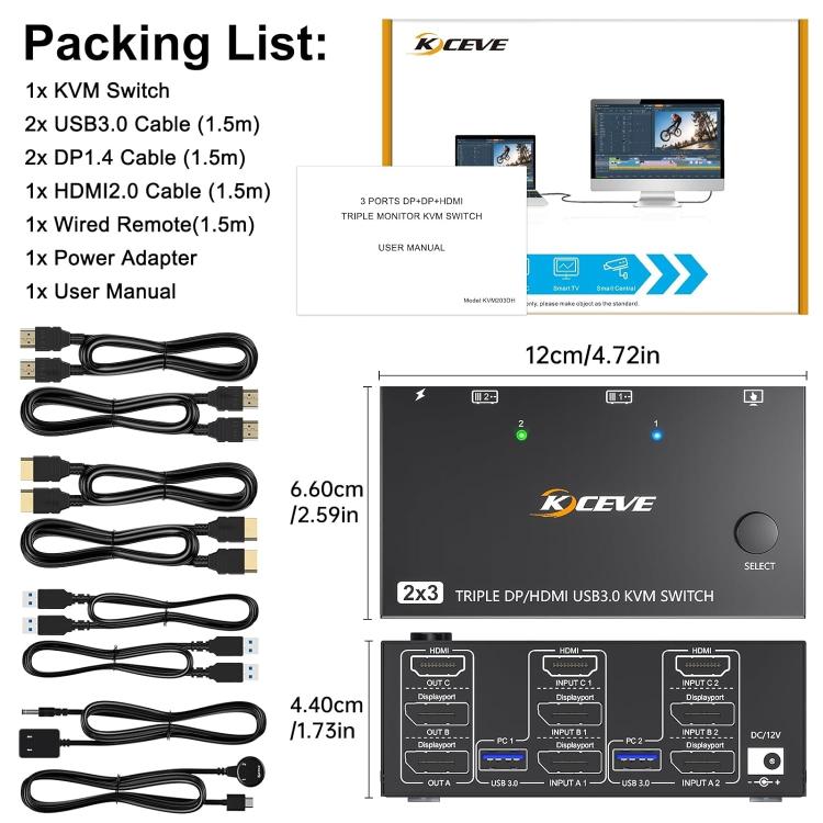 Commutateur KVM KC-KVM203DH 8K 30Hz USB3.0 DP+DP+HDMI triple moniteur, prise EU, KC-KVM203DH