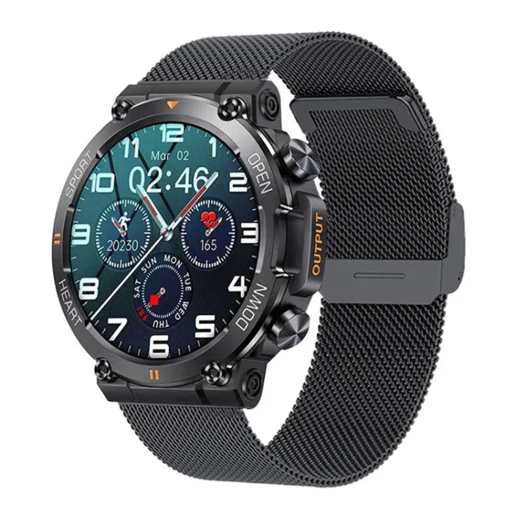 K56 Pro Bracelet intelligent 1,39 pouces en acier avec surveillance de la fréquence cardiaque / de la pression artérielle, bracelet en acier (maille milanaise noire), bracelet en acier (trois maillons noirs), bracelet en acier (joint de bambou noir)