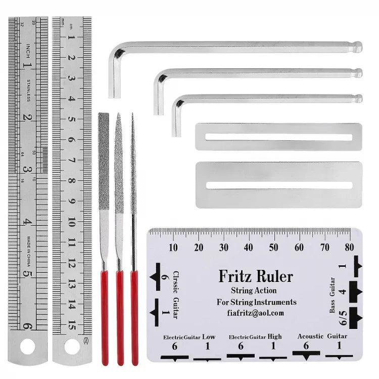 Kit d'outils de réparation de guitare, comprenant : lime, clé, coupe-cordes, outil de polissage des frettes.