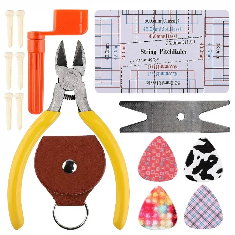 Kit d'outils de réparation de guitare, comprenant : lime, clé, coupe-cordes, outil de polissage des frettes.