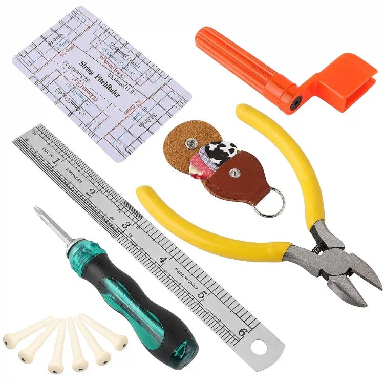 Kit d'outils de réparation de guitare, comprenant : lime, clé, coupe-cordes, outil de polissage des frettes.