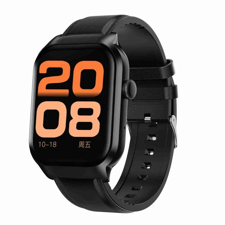 Montre intelligente à bracelet en cuir de 2,01 pouces avec appels Bluetooth et surveillance de la fréquence cardiaque / glycémie non invasive, bracelet en cuir noir, bracelet en cuir marron