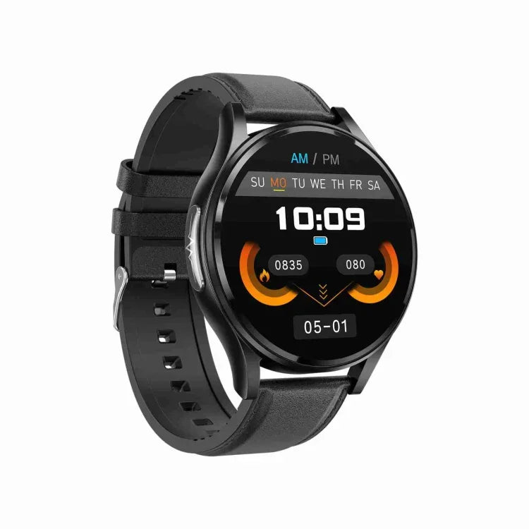 Montre Intelligente avec Bracelet en Cuir de 1,43 Pouce, Appel Bluetooth, Prise en Charge ECG / Glycémie Non Invasive, Bracelet en Cuir Noir, Bracelet en Cuir Marron