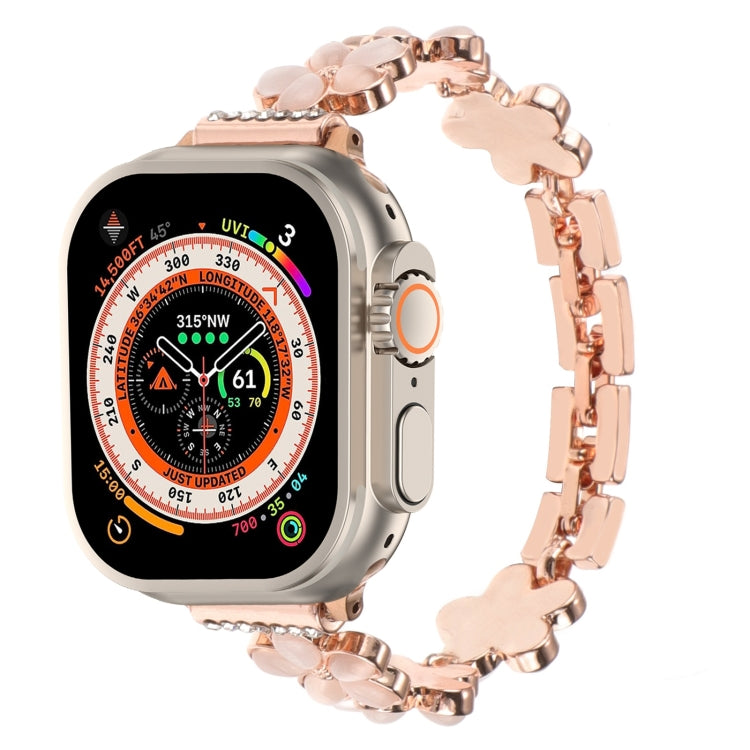 Bracelet de montre chaîne en alliage de zinc à fleur à 5 pétales, pour Apple Watch SE 2023 44mm, pour Apple Watch SE 2023 40mm, pour Apple Watch Ultra 2 49mm, pour Apple Watch Series 9 45mm, pour Apple Watch Series 9 41mm, pour Apple Watch Ultra 49mm