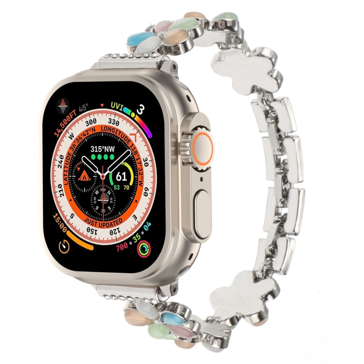 Bracelet de montre chaîne en alliage de zinc à fleur à 5 pétales, pour Apple Watch SE 2023 44mm, pour Apple Watch SE 2023 40mm, pour Apple Watch Ultra 2 49mm, pour Apple Watch Series 9 45mm, pour Apple Watch Series 9 41mm, pour Apple Watch Ultra 49mm