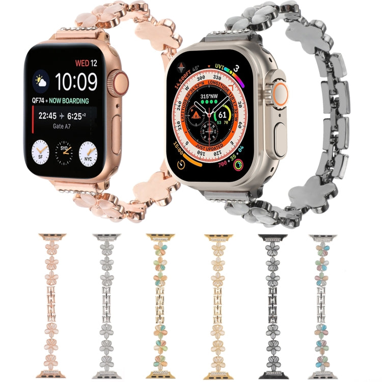 Bracelet de montre chaîne en alliage de zinc à fleur à 5 pétales, pour Apple Watch SE 2023 44mm, pour Apple Watch SE 2023 40mm, pour Apple Watch Ultra 2 49mm, pour Apple Watch Series 9 45mm, pour Apple Watch Series 9 41mm, pour Apple Watch Ultra 49mm