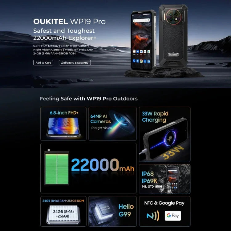 Oukitel WP19 Pro, écran 6,8 pouces, processeur octocœur MediaTek Helio G99, NFC, réseau 4G, WP19 Pro 8 Go + 256 Go