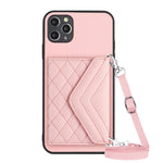 Étui de téléphone RFID avec pochette pour cartes à texture losange et long cordon, pour iPhone 12 mini, pour iPhone 11 Pro Max, pour iPhone 11, pour iPhone 11 Pro, pour iPhone XS / X, pour iPhone XR, pour iPhone XS Max, pour iPhone 8 Plus / 7 Plus