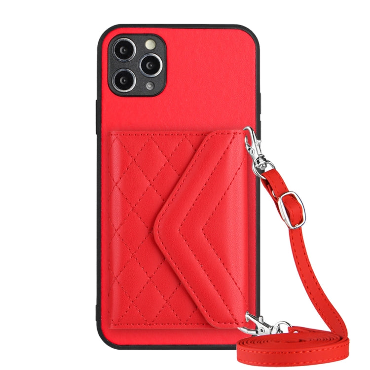 Étui de téléphone RFID avec pochette pour cartes à texture losange et long cordon, pour iPhone 12 mini, pour iPhone 11 Pro Max, pour iPhone 11, pour iPhone 11 Pro, pour iPhone XS / X, pour iPhone XR, pour iPhone XS Max, pour iPhone 8 Plus / 7 Plus