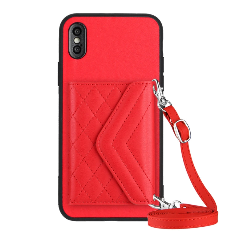 Étui de téléphone RFID avec pochette pour cartes à texture losange et long cordon, pour iPhone 12 mini, pour iPhone 11 Pro Max, pour iPhone 11, pour iPhone 11 Pro, pour iPhone XS / X, pour iPhone XR, pour iPhone XS Max, pour iPhone 8 Plus / 7 Plus