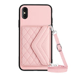 Étui de téléphone RFID avec pochette pour cartes à texture losange et long cordon, pour iPhone 12 mini, pour iPhone 11 Pro Max, pour iPhone 11, pour iPhone 11 Pro, pour iPhone XS / X, pour iPhone XR, pour iPhone XS Max, pour iPhone 8 Plus / 7 Plus