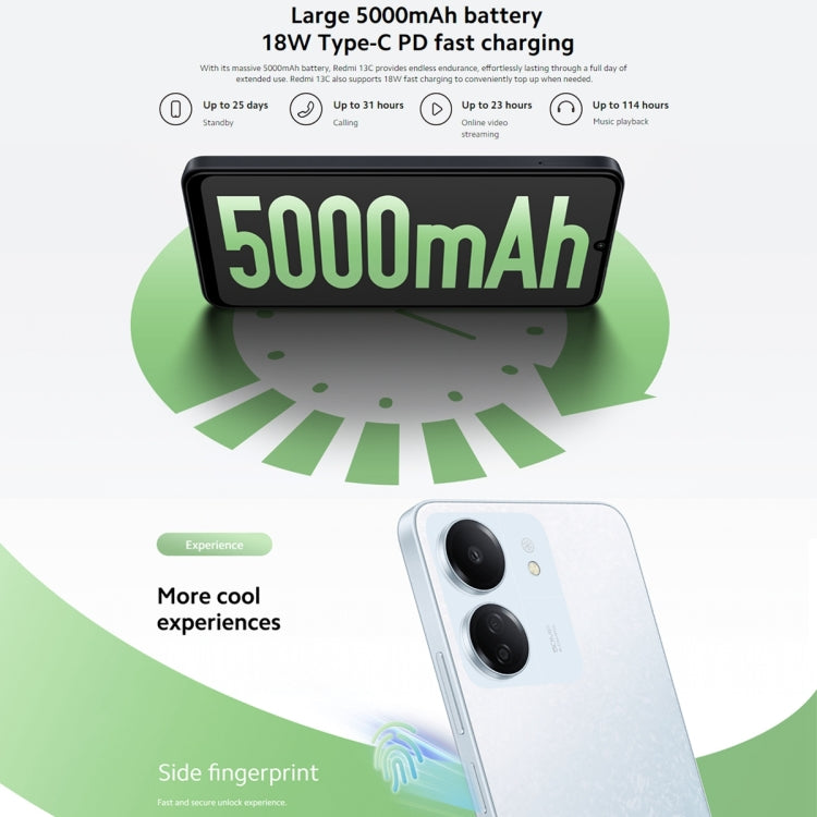 Xiaomi Redmi 13C 5G, MIUI 14 6,74 pouces MediaTek Dimensity 6100+ Octa Core 2,2 GHz, NFC, Réseau : 5G, Ne prend pas en charge Google Play, 6 Go + 128 Go