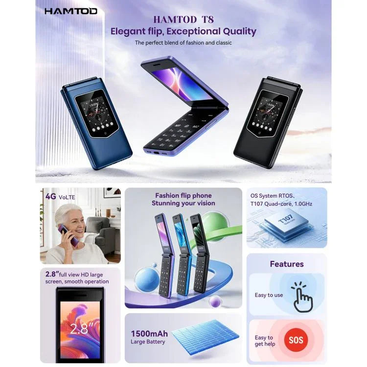 Téléphone à clapet HAMTOD T8 4G, 2,8 pouces + 1,77 pouces, VoLTE, BT, SOS, OTG, version UE