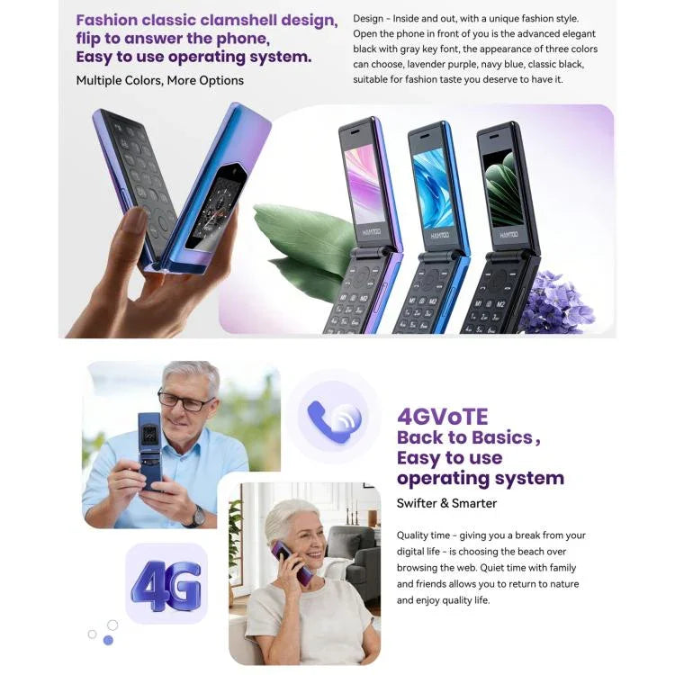 Téléphone à clapet HAMTOD T8 4G, 2,8 pouces + 1,77 pouces, VoLTE, BT, SOS, OTG, version UE