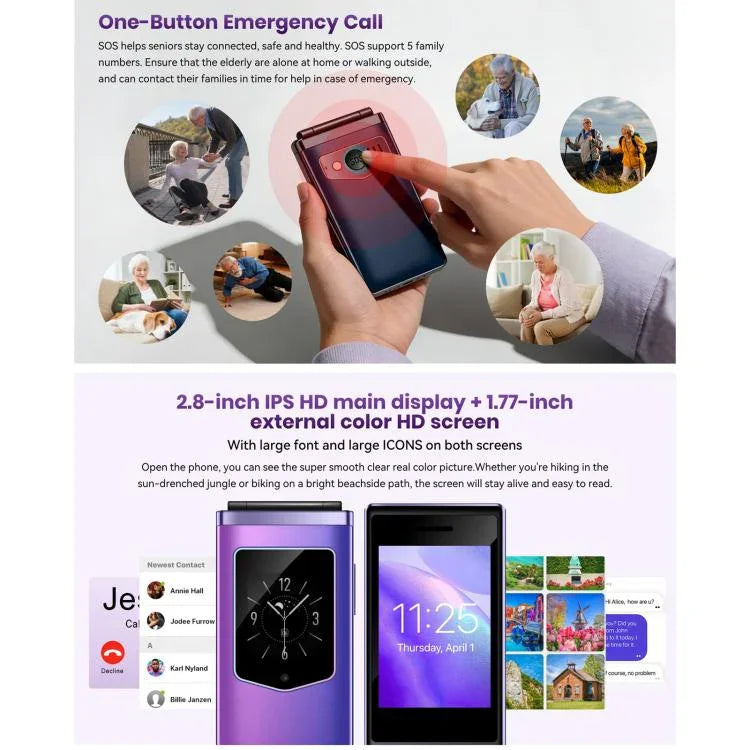 Téléphone à clapet HAMTOD T8 4G, 2,8 pouces + 1,77 pouces, VoLTE, BT, SOS, OTG, version UE