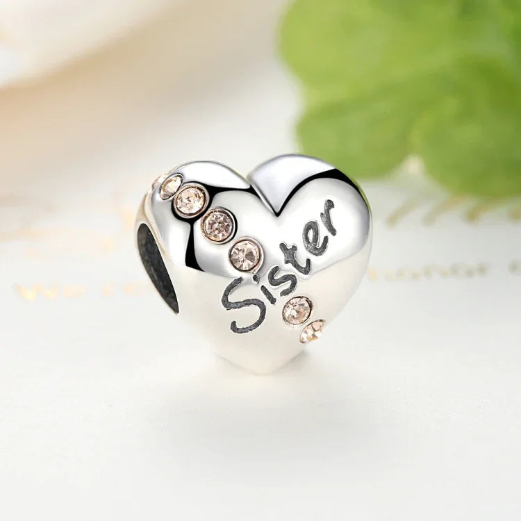 Accessoires de bracelet et collier à breloques en argent sterling S925 avec lettres et cœur « Sœur »
