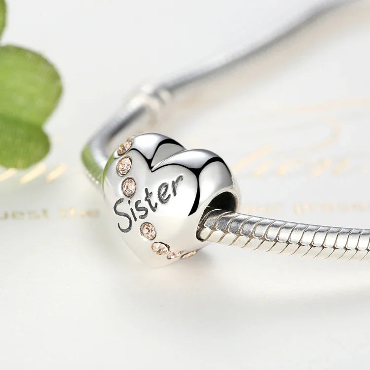 Accessoires de bracelet et collier à breloques en argent sterling S925 avec lettres et cœur « Sœur »