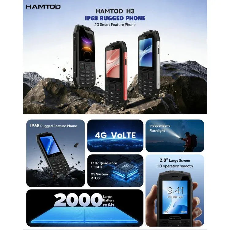 Téléphone robuste HAMTOD H3, 2,8 pouces T107 ARM CortexTM A7 Quad-core 1,0 GHz, Réseau: 4G, VoLTE, BT, SOS, Version UE