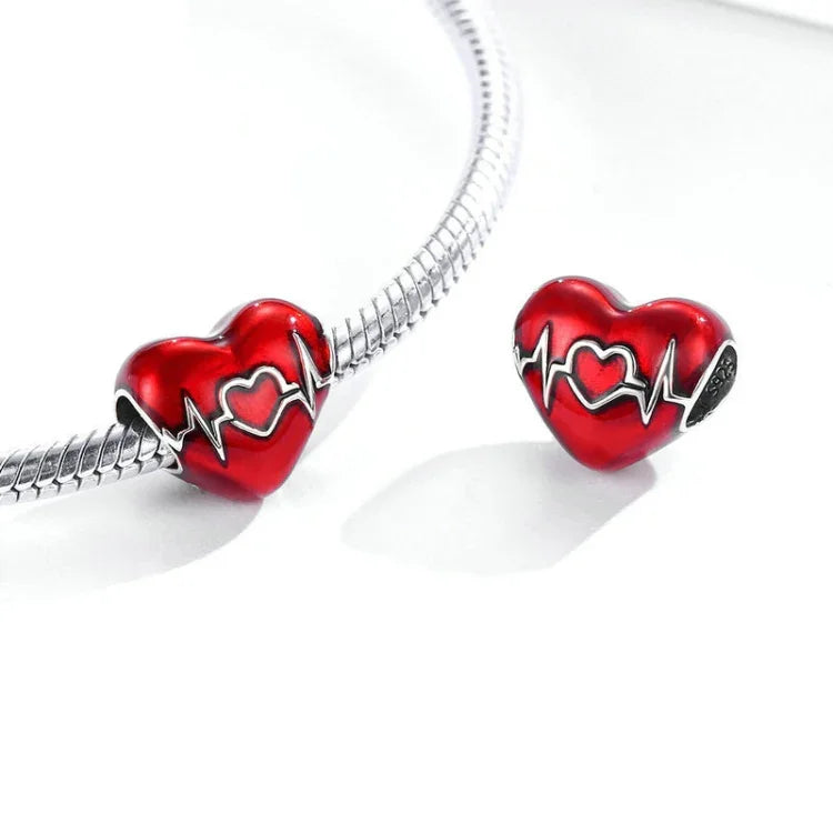 Pendentif en argent sterling S925, battement de cœur d'amour, illustration de ligne de cœur d'amour rouge, perles, accessoires de bracelet et collier DIY