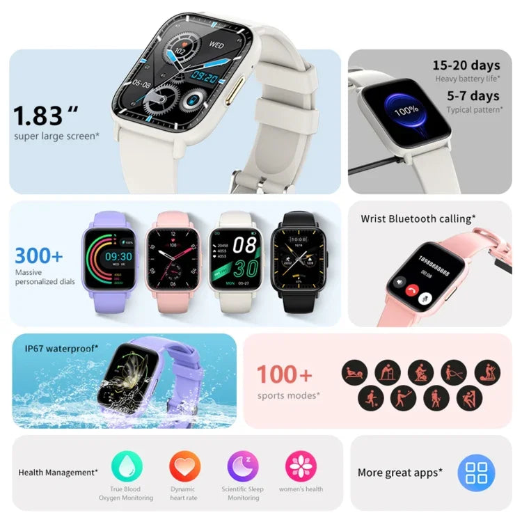 Montre connectée de sport DM60+ 1,83 pouce BT5.2, compatible avec les appels Bluetooth, le suivi du sommeil, de la glycémie, de l'oxygénation sanguine, de la température, de la fréquence cardiaque et de la pression artérielle.