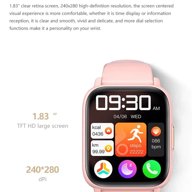 Montre connectée de sport DM60+ 1,83 pouce BT5.2, compatible avec les appels Bluetooth, le suivi du sommeil, de la glycémie, de l'oxygénation sanguine, de la température, de la fréquence cardiaque et de la pression artérielle.