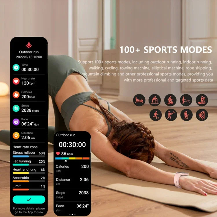 Montre connectée de sport DM60+ 1,83 pouce BT5.2, compatible avec les appels Bluetooth, le suivi du sommeil, de la glycémie, de l'oxygénation sanguine, de la température, de la fréquence cardiaque et de la pression artérielle.