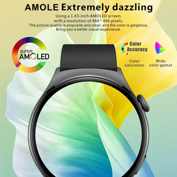 Montre connectée sport QX10 1,43 pouce BT5.2, suivi du sommeil, de la fréquence cardiaque, de l'oxygène sanguin et de la pression artérielle