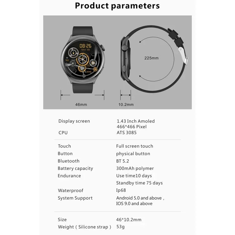 Montre connectée sport QX10 1,43 pouce BT5.2, suivi du sommeil, de la fréquence cardiaque, de l'oxygène sanguin et de la pression artérielle