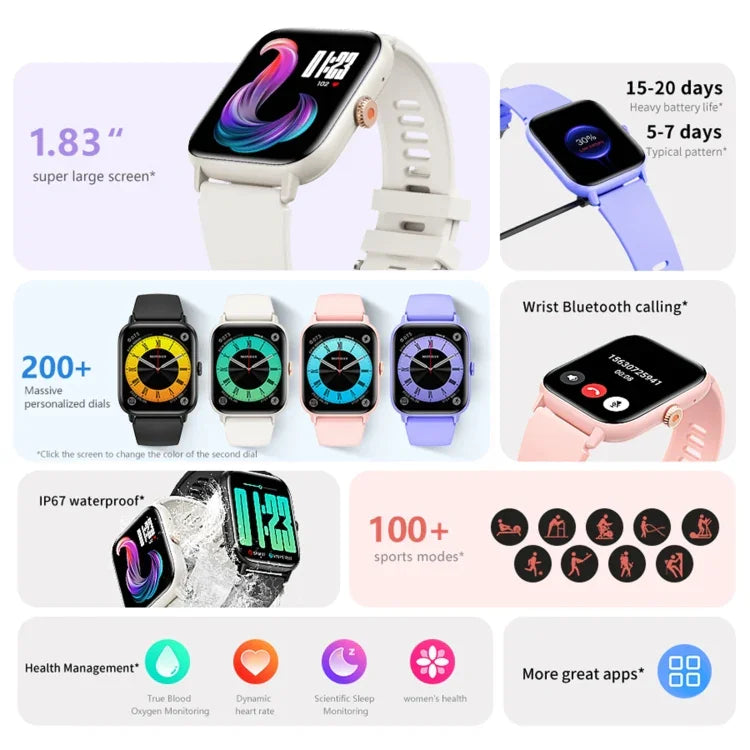 Montre connectée sport QS13 1,83 pouce BT5.2, compatible appels Bluetooth / suivi du sommeil, glycémie, saturation en oxygène, fréquence cardiaque et pression artérielle