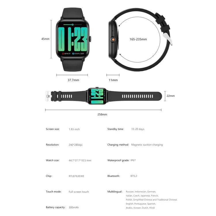 Montre connectée sport QS13 1,83 pouce BT5.2, compatible appels Bluetooth / suivi du sommeil, glycémie, saturation en oxygène, fréquence cardiaque et pression artérielle