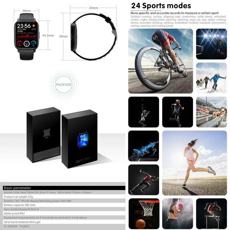 Montre connectée sport QS16 Pro 1,83 pouce BT5.0, compatible appels Bluetooth / suivi du sommeil, saturation en oxygène, température, fréquence cardiaque et pression artérielle
