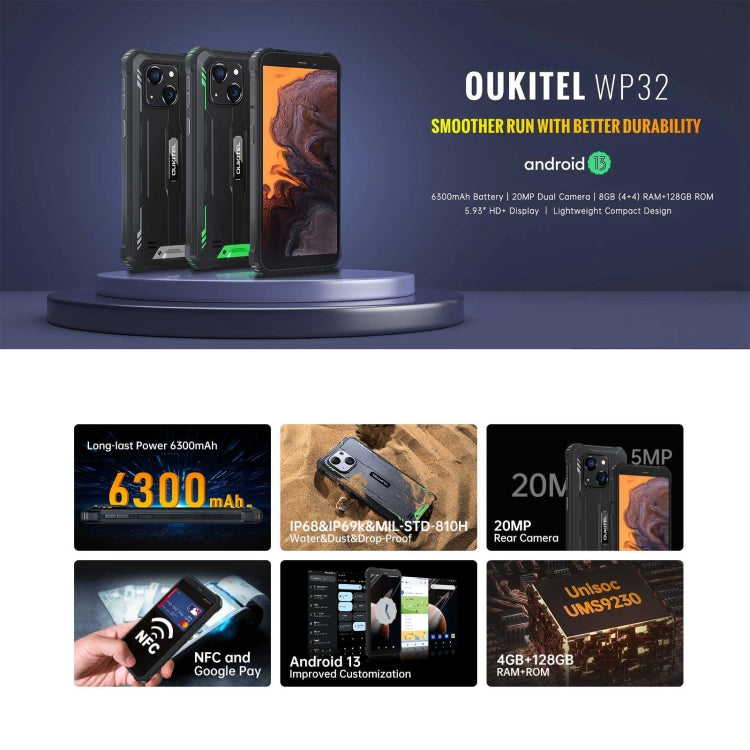 Oukitel WP32, IP68/IP69K, écran 5,93 pouces, Android 13, processeur octocœur Unisoc Tiger T606, NFC, OTG, réseau 4G, 4 Go de RAM + 128 Go de stockage