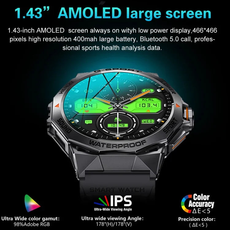 Montre connectée K62 avec écran rond AMOLED de 1,43 pouce, compatible avec les appels Bluetooth