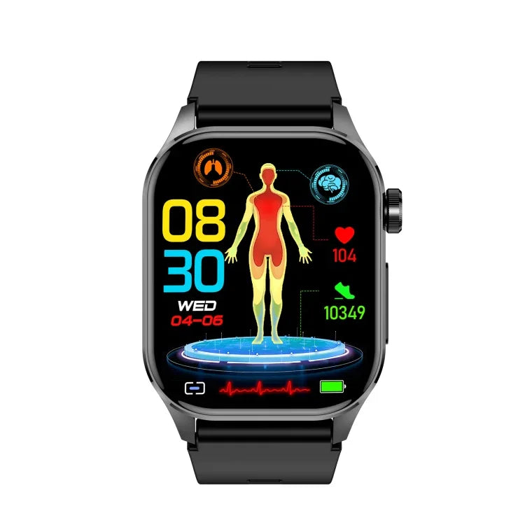 ET580 sports smart watch with ECG and Bluetooth displaying health data and fitness metrics on AMOLED screen.