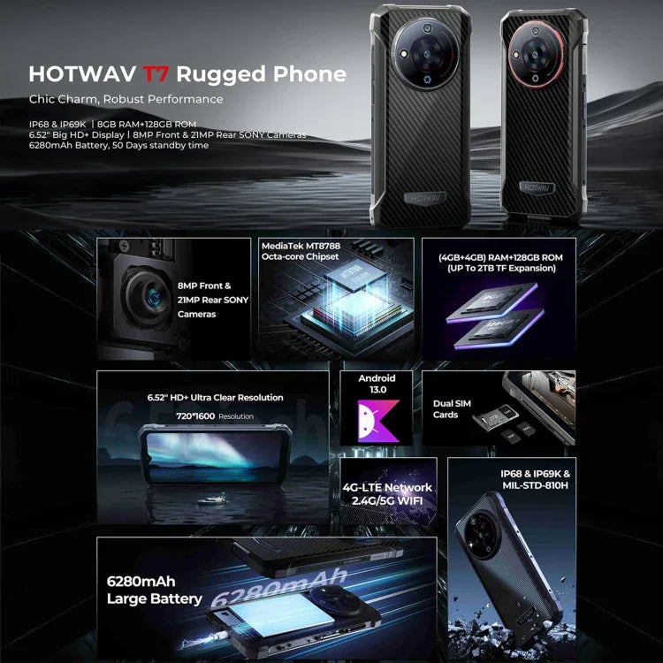 Téléphone robuste HOTWAV T7, batterie 6280 mAh, écran 6,52 pouces, Android 13, processeur octa-core MT8788, réseau : 4G, OTG, 4 Go de RAM + 128 Go de stockage