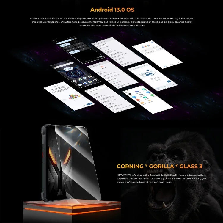 Téléphone robuste HOTWAV W11, vision nocturne, batterie 20 800 mAh, écran 6,6 pouces, Android 13, processeur octa-core MT8788, réseau 4G, OTG, enregistrement des appels, 6 Go de RAM + 256 Go de stockage