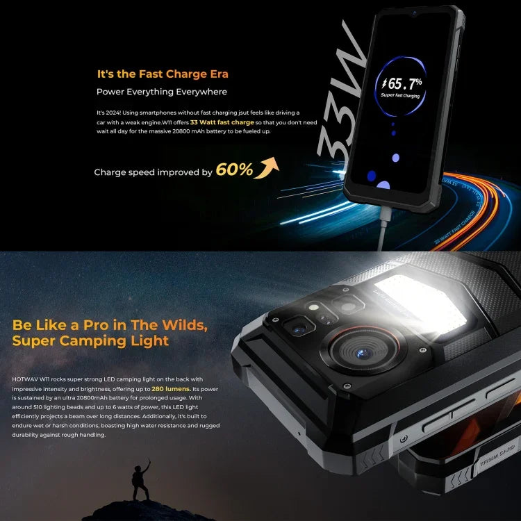 Téléphone robuste HOTWAV W11, vision nocturne, batterie 20 800 mAh, écran 6,6 pouces, Android 13, processeur octa-core MT8788, réseau 4G, OTG, enregistrement des appels, 6 Go de RAM + 256 Go de stockage