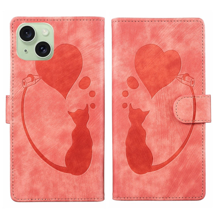 Étui de téléphone en cuir gaufré stylo cœur chat, Pour iPhone 17 Pro Max, Pour iPhone 17 Pro, Pour iPhone 17, Pour iPhone Air, Pour iPhone 15 Pro Max, Pour iPhone 15 Pro, Pour iPhone 15 Plus, Pour iPhone 15
